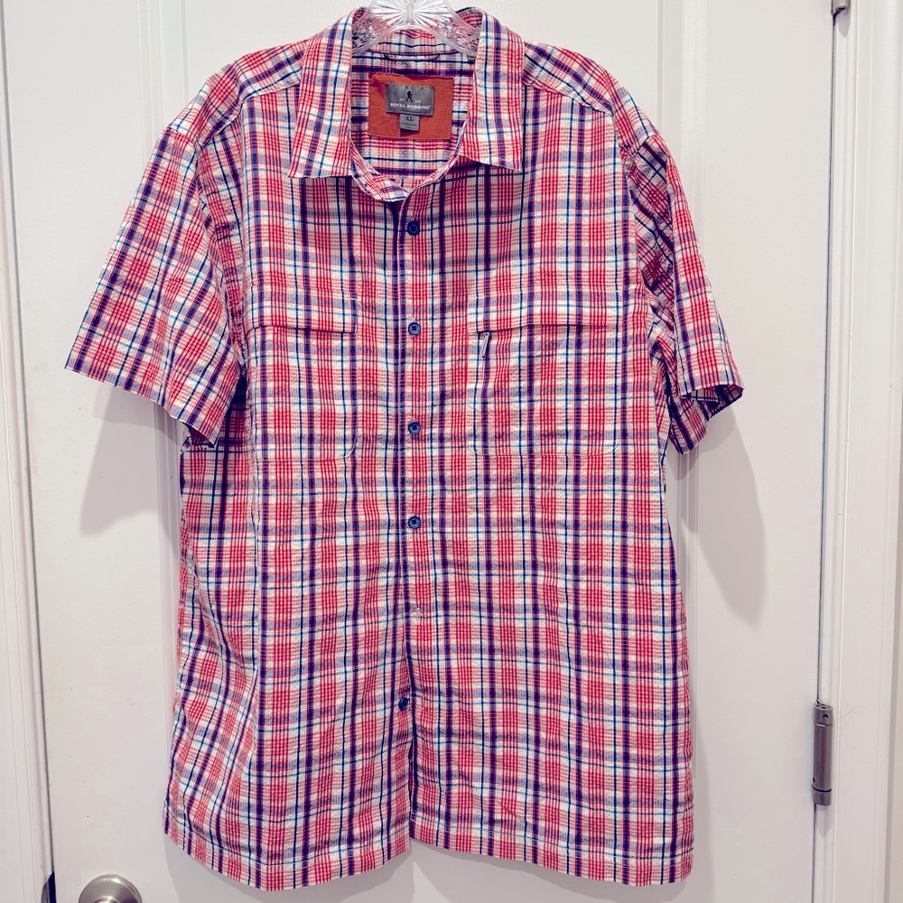 Royal Robbins Diablo Crimson Plaid‎ Hiking Shirt Red, White, And Blue Size XL